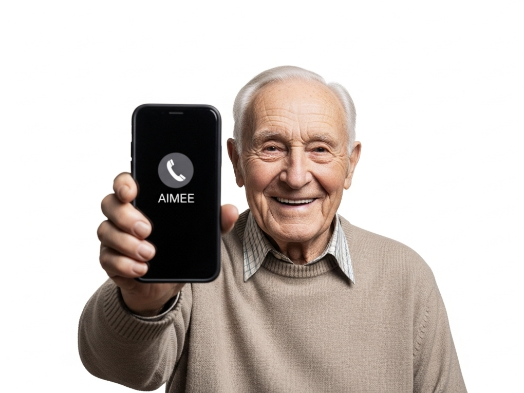 Man holding a phone with AIMEE