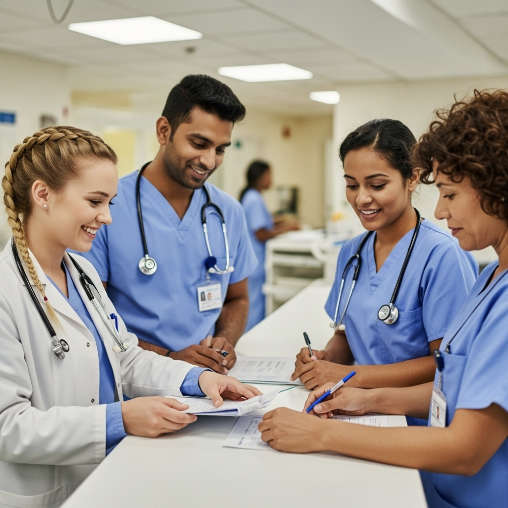 Group of medical professionals smiling and discussing