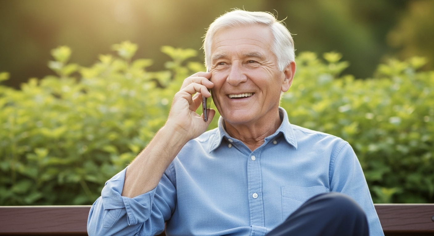 Older man smiling while talking on the phone outdoors