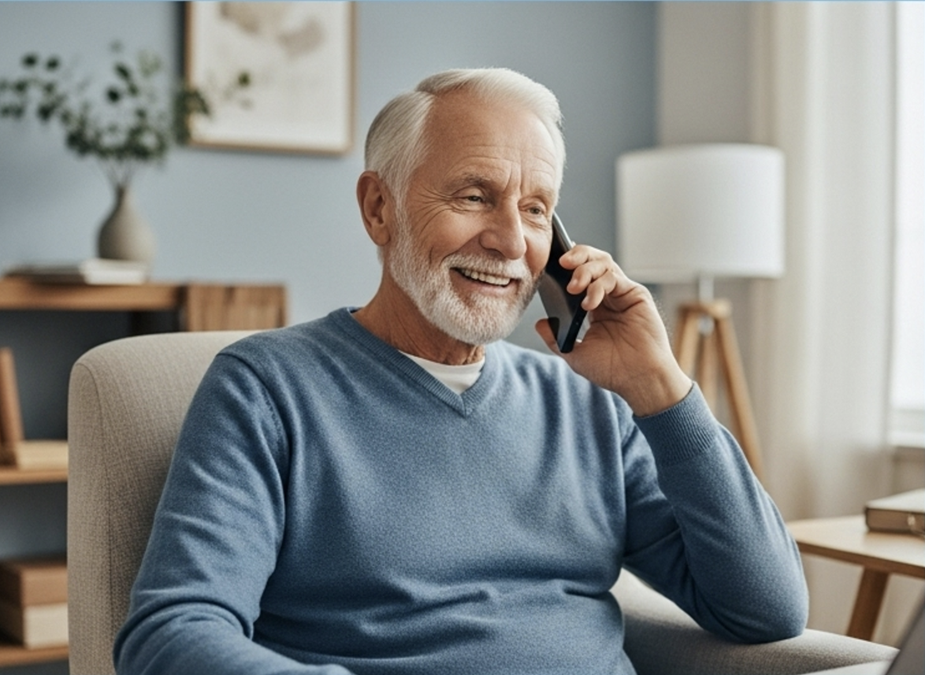 Older man smiling while talking on the phone