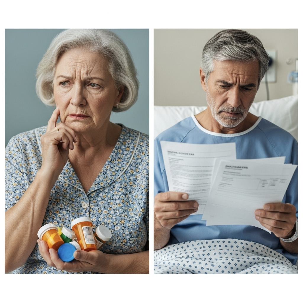 Older woman looking worried, holding pill bottles